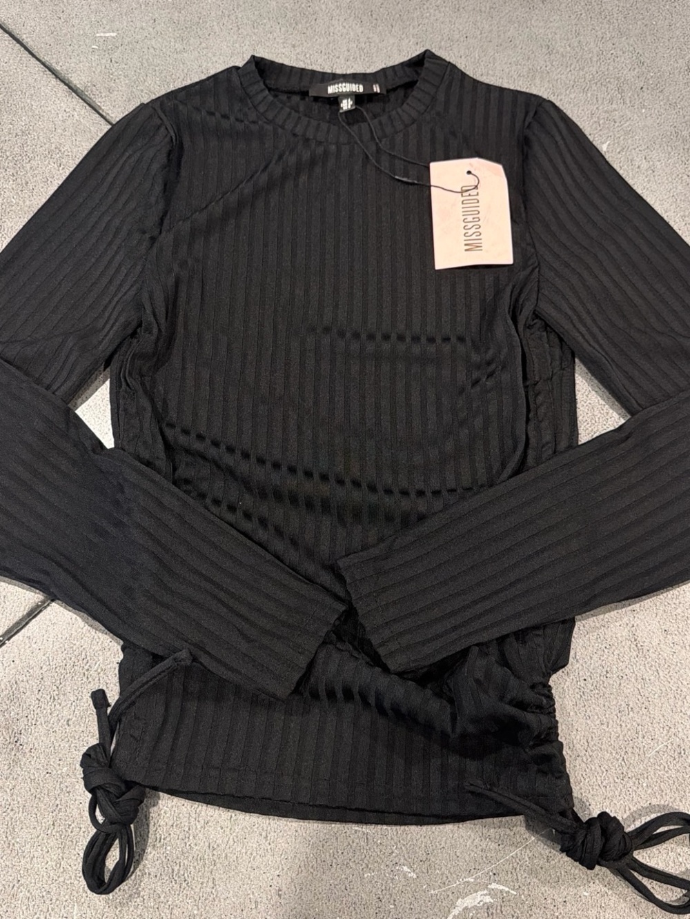 Missguided Black Ribbed Long Sleeve Top with Side Ties